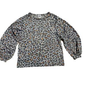 Anne Klein Leopard Balloon Sleeve Thin Sweatshirt | Gray | Small | Animal Print